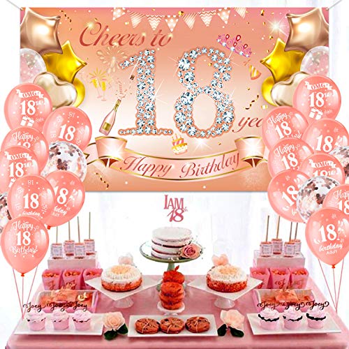 HOWAF Chica 18 Cumpleaños Decoración Oro Rosa, Chica 18 Cumpleaños Pancarta de Tela para 18 Años Telón de Fondo, 18 Cumpleaños Pared Jardín Decoración, 18 Cumpleaños Interior Exterior Decoración