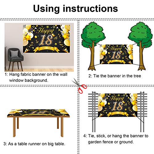 HOWAF Chica Chico 18 Cumpleaños Decoración Negro y Aorado, 18 Cumpleaños Pancarta de Tela para 18 Años Telón de Fondo, 18 Cumpleaños Pared Jardín Decoración, 18 Cumpleaños Interior Exterior Decoración