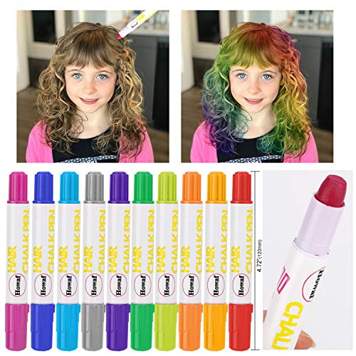 HOWAF Tiza para el Cabello -10 Colores Tizas del Pelo Tinte Pelo No tóxico Lavable Temporal Cabello para Mujer Niñas y Niños Pelo Teñido, Fiesta, Regalo de Cumpleaños, Navidad y Cosplay