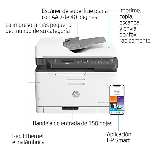 HP Color Laser MFP 179fnw 4ZB97A, Impresora Láser Color Multifunción, Imprime, Escanea, Copia y Fax, Wi-Fi, Ethernet, USB 2.0 alta velocidad, HP Smart App, Panel de Control LCD, Blanca