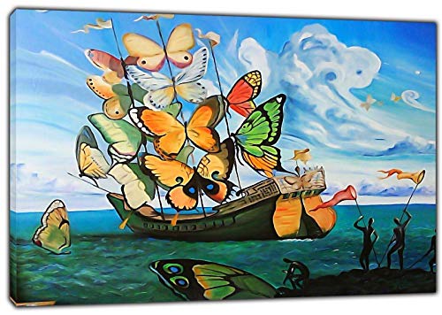 HYFBH Arte de la Lona Impresión Barco Mariposa Pintura al óleo Salvador Dali Lienzo Arte de la Pared Imagen Decoración del hogar Lienzo Pintura 60x80cm (23.6x31.5 Pulgadas) con Marco