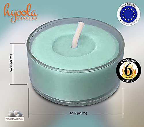 Hyoola Velas de Té Perfumadas - Velas Candelitas en Vaso Transparente - Velas Aromáticas con Aroma a Algodón Fresco - Verde Claro - 6 Horas de Combustión - Pack de 15 - Hechas en Europa