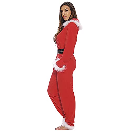 I3CKIZCE 1 mono de Papá Noel para hombre o mujer, mono de fiesta de Navidad con capucha + cinturón, ropa de Papá Noel de lujo con cremallera color liso, rojo, M