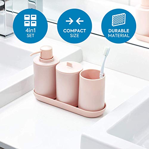 iDesign Set de baño, juego de 4 compuesto por dispensador de jabón, porta cepillo de dientes, algodonero y bandeja de plástico, accesorios de baño para el lavabo, rosa