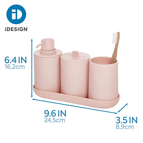 iDesign Set de baño, juego de 4 compuesto por dispensador de jabón, porta cepillo de dientes, algodonero y bandeja de plástico, accesorios de baño para el lavabo, rosa