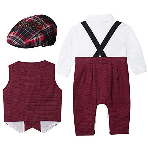 IEFIEL Conjuntos Bebe Niño de Traje Caballero para Fiesta Boda Pelele Top Camisa Blanco+Chaleco Cuadro+Gorro Traje Formal de Cumpleaños Vino Cuadro 3-6 Meses