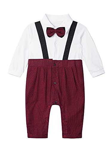 IEFIEL Conjuntos Bebe Niño de Traje Caballero para Fiesta Boda Pelele Top Camisa Blanco+Chaleco Cuadro+Gorro Traje Formal de Cumpleaños Vino Cuadro 3-6 Meses