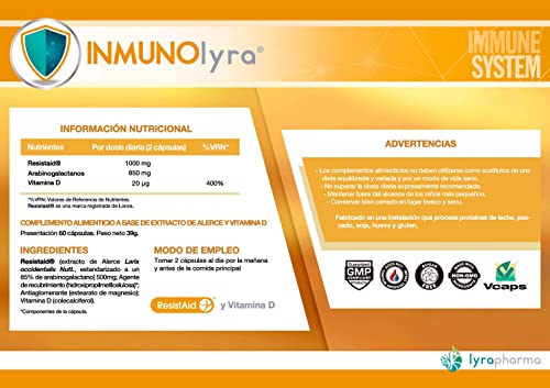 Inmunolyra® con Resistaid® para reforzar nuestro sistema inmunológico – Fórmula testada con prebioticos y vitamina D con una triple acción de ayuda a nuestras defensas – 60 cápsulas vegetales