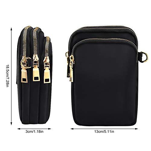 INSOUR Bolso bandolera para teléfono para mujer Metal de nailon negro con bolsa con cremallera Bolso pequeño para teléfono de gran capacidad de 3 capas Tarjeta de crédito - Negro