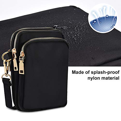 INSOUR Bolso bandolera para teléfono para mujer Metal de nailon negro con bolsa con cremallera Bolso pequeño para teléfono de gran capacidad de 3 capas Tarjeta de crédito - Negro