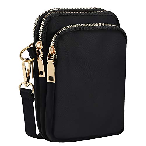 INSOUR Bolso bandolera para teléfono para mujer Metal de nailon negro con bolsa con cremallera Bolso pequeño para teléfono de gran capacidad de 3 capas Tarjeta de crédito - Negro