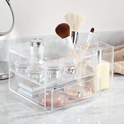 InterDesign Drawers Caja con compartimentos | Caja de maquillaje con 2 cajones y bandeja superior | Organizador de maquillaje o artículos de oficina | Plástico transparente