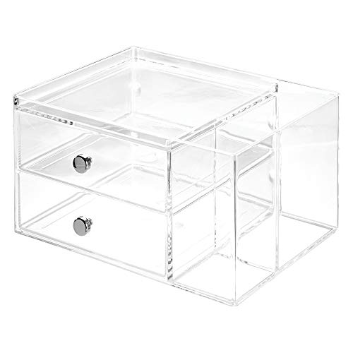 InterDesign Drawers Caja con compartimentos | Caja de maquillaje con 2 cajones y bandeja superior | Organizador de maquillaje o artículos de oficina | Plástico transparente