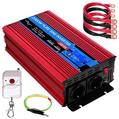 Inversor 12v 220v Onda Pura 2000w /4000w ETREPOW Convertidor de Voltaje con 2 Tomas UE y un USB de 2,1A, Mando a Distancia Inalámbrico, Pantalla Digital y 2 Ventiladores - Auto Transformador