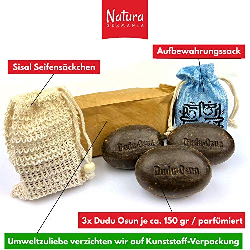 Jabón negro Dudu Osun (africano) 3x 150 gr + bolsas de jabón de sisal + bolsa de almacenamiento | Jabón de ducha, champú firme