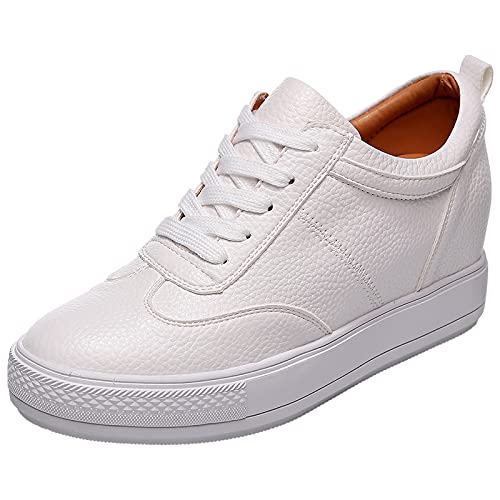 Jamron Mujer Suave Cuero de Imitación Talón de Cuña Oculta Zapatillas Confortable con Cordones Casual Zapatos de Deporte Blanco SN2520 EU40