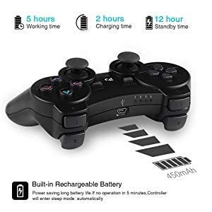 JAMSWALL Mando Inalámbrico para PS3, Bluetooth Controller Joystick con Doble Vibración para Playstation 3 con Cable, Negro