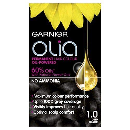 Juego de 3 tintes permanentes Garnier Olia, sin amoníaco para un aroma agradable, cobertura de hasta 100% gris, máximo rendimiento de color, 60% aceites, 1.0 negro profundo