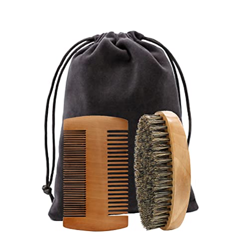 Juego de cepillo y peine para barba, juego de cuidado de barba VOSSOT para hombres - cerdas puras de jabalí y madera de peral, con bolsa de viaje para peinar el cabello de la barba