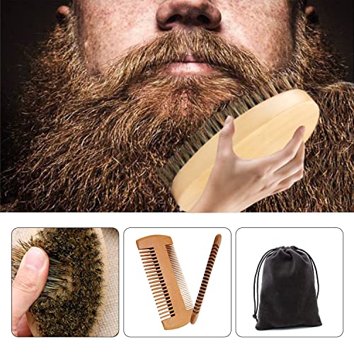 Juego de cepillo y peine para barba, juego de cuidado de barba VOSSOT para hombres - cerdas puras de jabalí y madera de peral, con bolsa de viaje para peinar el cabello de la barba