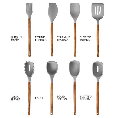 Juego Utensilios de Cocina de Silicona - 8 Piezas Utensilios de Cocina Madera Resistentes al Calor y Antiadherentes con Mango de Madera Acacia - Utensilios Cocina Silicona Espátula Cuchara Cucharón