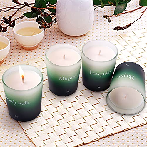 Juegos de Velas Perfumadas, 4×70 g Velas Aromáticas-Rosa, Lavanda, Caminar por la playa, Cera de Soja 100% Natural, Juego de Regalo de Velas Perfumadas para Baño, Yoga, Relajarse