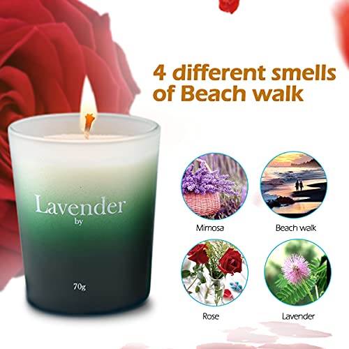 Juegos de Velas Perfumadas, 4×70 g Velas Aromáticas-Rosa, Lavanda, Caminar por la playa, Cera de Soja 100% Natural, Juego de Regalo de Velas Perfumadas para Baño, Yoga, Relajarse