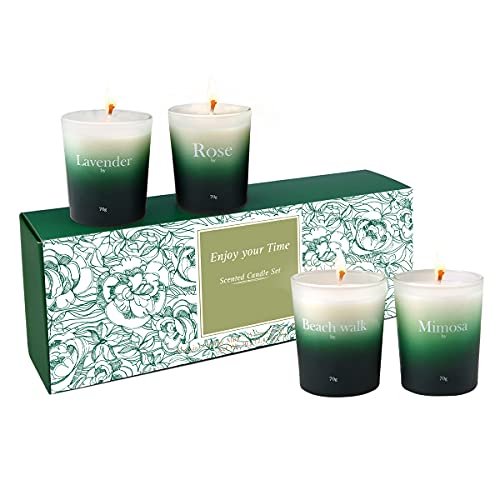 Juegos de Velas Perfumadas, 4×70 g Velas Aromáticas-Rosa, Lavanda, Caminar por la playa, Cera de Soja 100% Natural, Juego de Regalo de Velas Perfumadas para Baño, Yoga, Relajarse