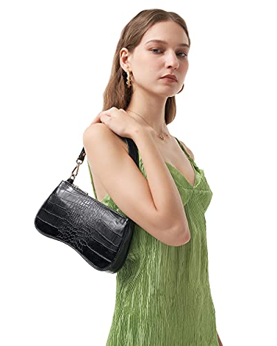 JW PEI Bolso de hombro para mujeres estilo a los 90s Monedero de cuero vegano de cocodrilo Cartera clásica de embrague Croc Negro