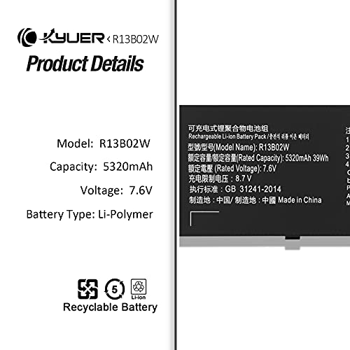 K KYUER 39Wh R13B02W R13B01W Laptop Batería para Xiaomi Mi Notebook Air 13.3 2018 Notebook Batería de repuesto Compatible con Xiaomi Mi Laptop Air 13 2018 13.3-inch Series R13B02W 7.6V 5320mAh