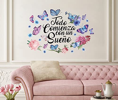 KAIRNE Mariposas Pegatinas Decorativas Pared Frases Motivadoras,Pegatina “Todo Comienza con un Sueño” para Kids Room,Pegatina Cita Motivadoras para Sala,Decoración para Hogar Decor del Dormitorio