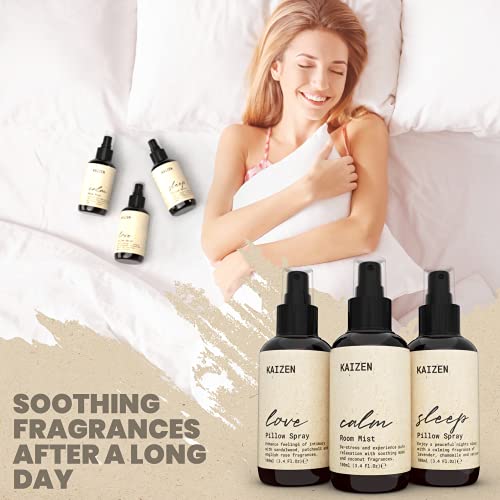 KAIZEN Kit Relajante Aromaterapia con Esencia de Lavanda - Contiene Lavanda Spray Almohada para Dormir, Spray Ambientador Habitacion y Spray para Dormir en Pareja - Kit Deep Sleep Pillow Spray Natural