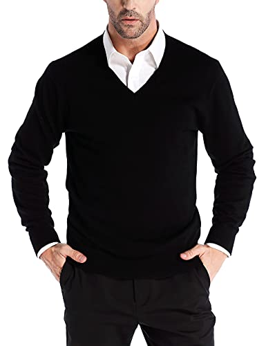 Kallspin Suéter Cuello en V para Hombres, Mezcla de Lana Cachemira, Ajuste Relajado, Suéter de Manga Larga (Negro, XL)