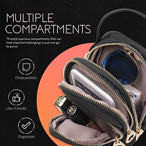 Katloo Bolso bandolera para mujer, organizador de viaje, para teléfono móvil, con correa cartera funda para iPhone 13 12 11 Pro Max XS XR Samsung A10 Galaxy S20, ultranegro, minibolso con cremallera