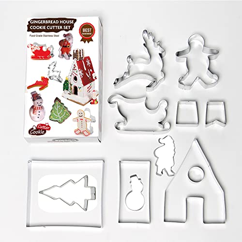 KeepingcooX Juego de cortador de galletas 3D Christmas Gingerbread House | Trineo, alces, hombre de pan de jengibre | Holiday Cutouts Cutters Kit | Caja de regalo colorida de acero inoxidable