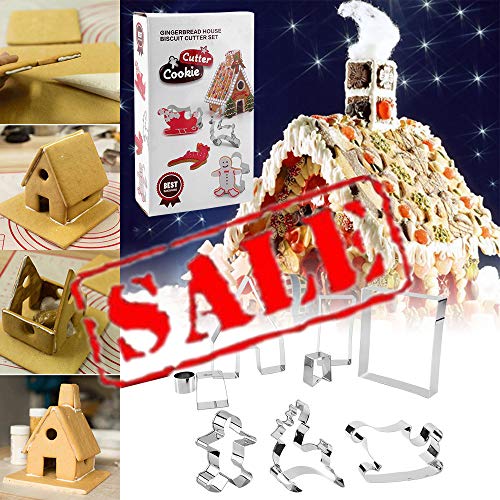 KeepingcooX Juego de cortador de galletas 3D Christmas Gingerbread House | Trineo, alces, hombre de pan de jengibre | Holiday Cutouts Cutters Kit | Caja de regalo colorida de acero inoxidable