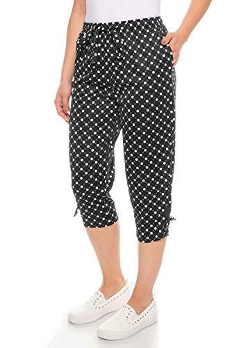 Kendindza - Pantalones pirata de verano para mujer, 3/4, colores lisos, Puntos grandes de color negro., XXL