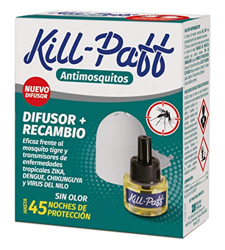 KILL-PAFF | Insecticida Eléctrico | Antimosquitos| Eficaz Contra Mosquito Tigre y Transmisores de Enfermedades Tropicales| Sin Olor| 45 Noches de Protección | Contenido: 1 difusor + 1 recambio