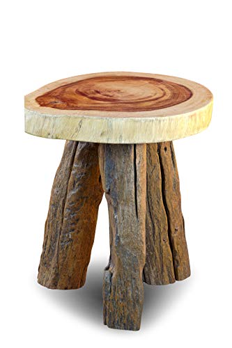 Kinaree Taburete Muay de madera de acacia y teca antigua, 45 cm, redondo, de madera de raíz de estilo rústico, adecuado como mesa auxiliar, taburete para flores, taburete para flores y taburete