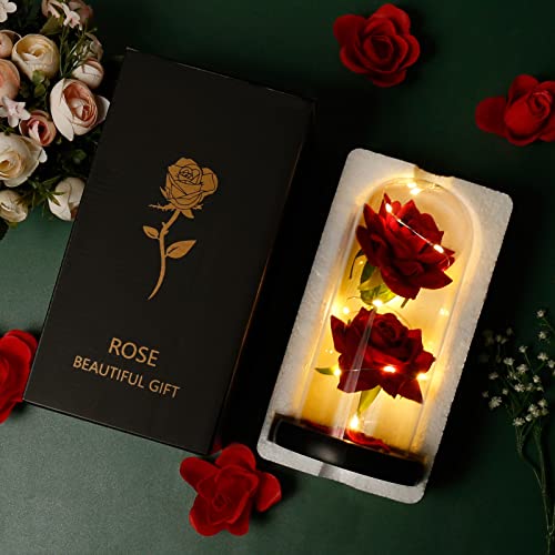 Kit de Rosas, La Bella y La Bestia Rosa Encantada, Cúpula de Cristal con Base Pino Luces LED Rosa Encantada Rosa Rojas Regalo para Día de San Valentín Día de la Madre Aniversario Bodas Cumpleaños (B)
