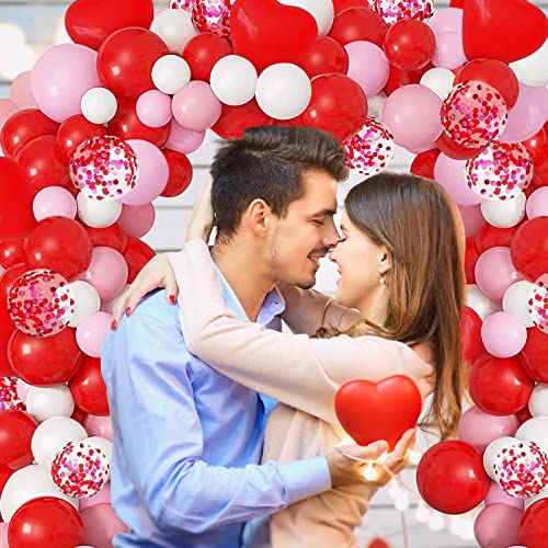 Kit Decoración Globos para el día San Valentín, Kit Romántico de Guirnalda Globos, Globos Corazón Rojo, Pétalos de Rosa, Globos de Confeti Rojo, Blanco y Rosa para el día de San Valentín, aniversario