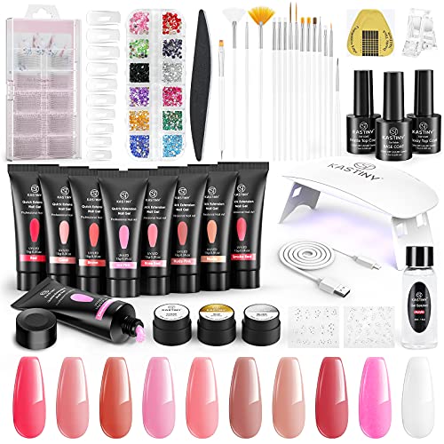 Kit Uñas de Gel, Kastiny 10 Colores Polygel uñas Constructor con Solución Antideslizante, Rosa Desnudo Blanco Marrón Poligel Kit Completo con Uñas Postizas, Decoración/Cepillo/Base/Top Coat