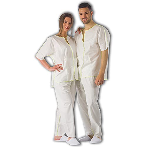 KITONE 1 pijama de fibra de bambú biodegradable, pantalón y casaca con apertura central con velcro, fabricado en Italia., Blanco., L