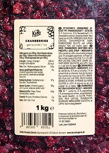 KoRo - Arándanos rojos endulzados con jarabe de piña 1 kg - Sin aditivos artificiales - ideal como aperitivo o en el muesli