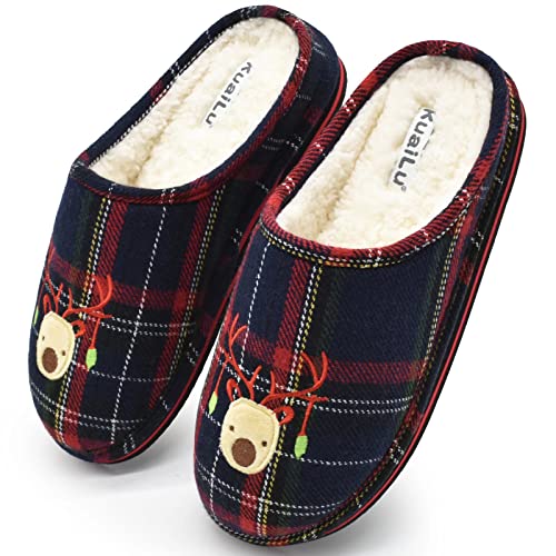 KuaiLu Zapatillas Casa Mujer Navidad Reno Invierno Pantuflas Caliente Peluche Piel Forradas Cerradas Babuchas Señoras Comoda Peludas Pelo Memory Foam Cuadros Slipper Antideslizante Goma Suela Negro 40