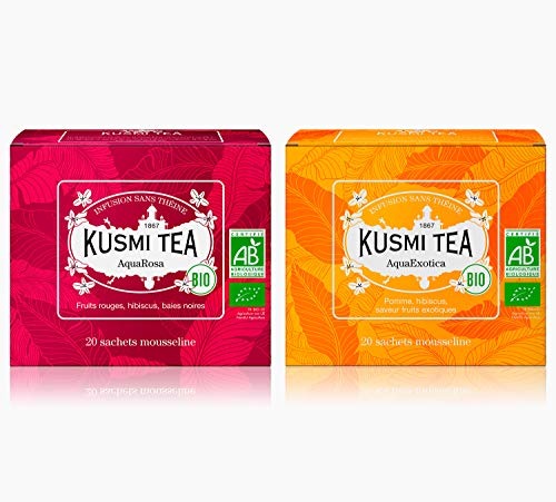 Kusmi Tea - AquaExotica & AquaRosa Bio - Infusión ecológica sin Teína, Afrutada y Deliciosa - Juego de 2 cajas - 2x20 bolsas de té - Aproximadamente 40 tazas