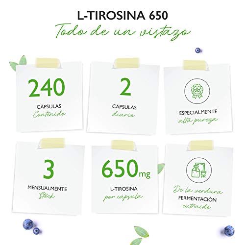 L-tirosina - 240 cápsulas veganas - 1300 mg por porción diaria - Suministro para 4 meses - Aminoácido puro de la fermentación de la planta - Vegano - Altamente dosificado