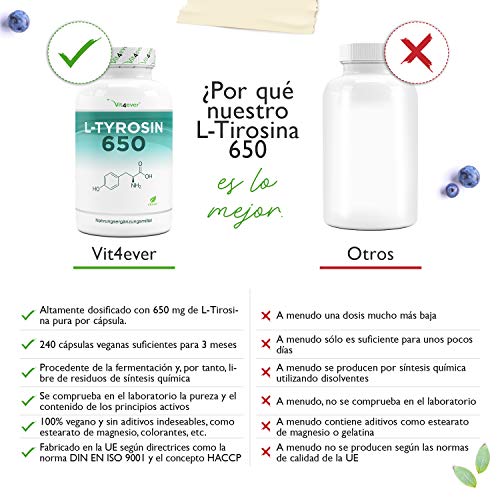 L-tirosina - 240 cápsulas veganas - 1300 mg por porción diaria - Suministro para 4 meses - Aminoácido puro de la fermentación de la planta - Vegano - Altamente dosificado