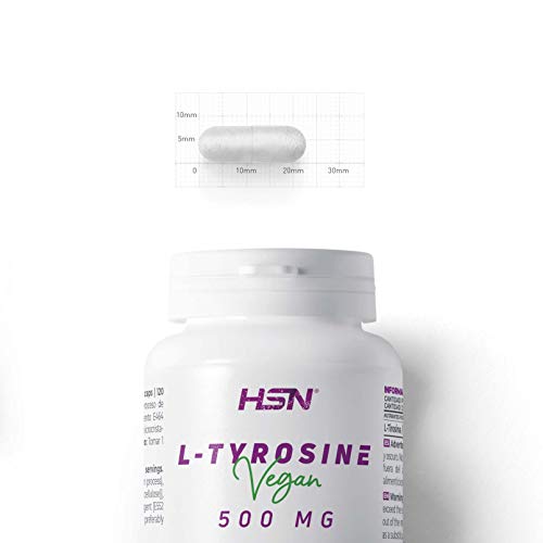 L-Tirosina 500 mg de HSN | 1500mg por Dosis Diaria | Aminoácido para Mejorar el Estado de Ánimo + Bienestar + Perder Peso y Reducir el Estrés | No-GMO, Vegano, Sin Gluten | 120 Cápsulas Vegetales