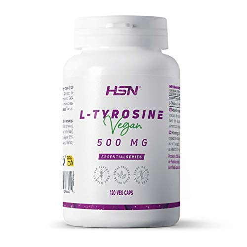 L-Tirosina 500 mg de HSN | 1500mg por Dosis Diaria | Aminoácido para Mejorar el Estado de Ánimo + Bienestar + Perder Peso y Reducir el Estrés | No-GMO, Vegano, Sin Gluten | 120 Cápsulas Vegetales